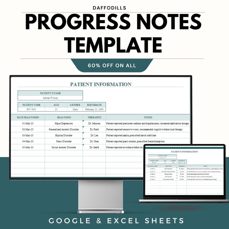 May include: A digital template for progress notes, displayed on a desktop monitor and a laptop. The template includes sections for patient information, diagnosis, therapist, and notes. The text "PROGRESS NOTES TEMPLATE" is prominently displayed.