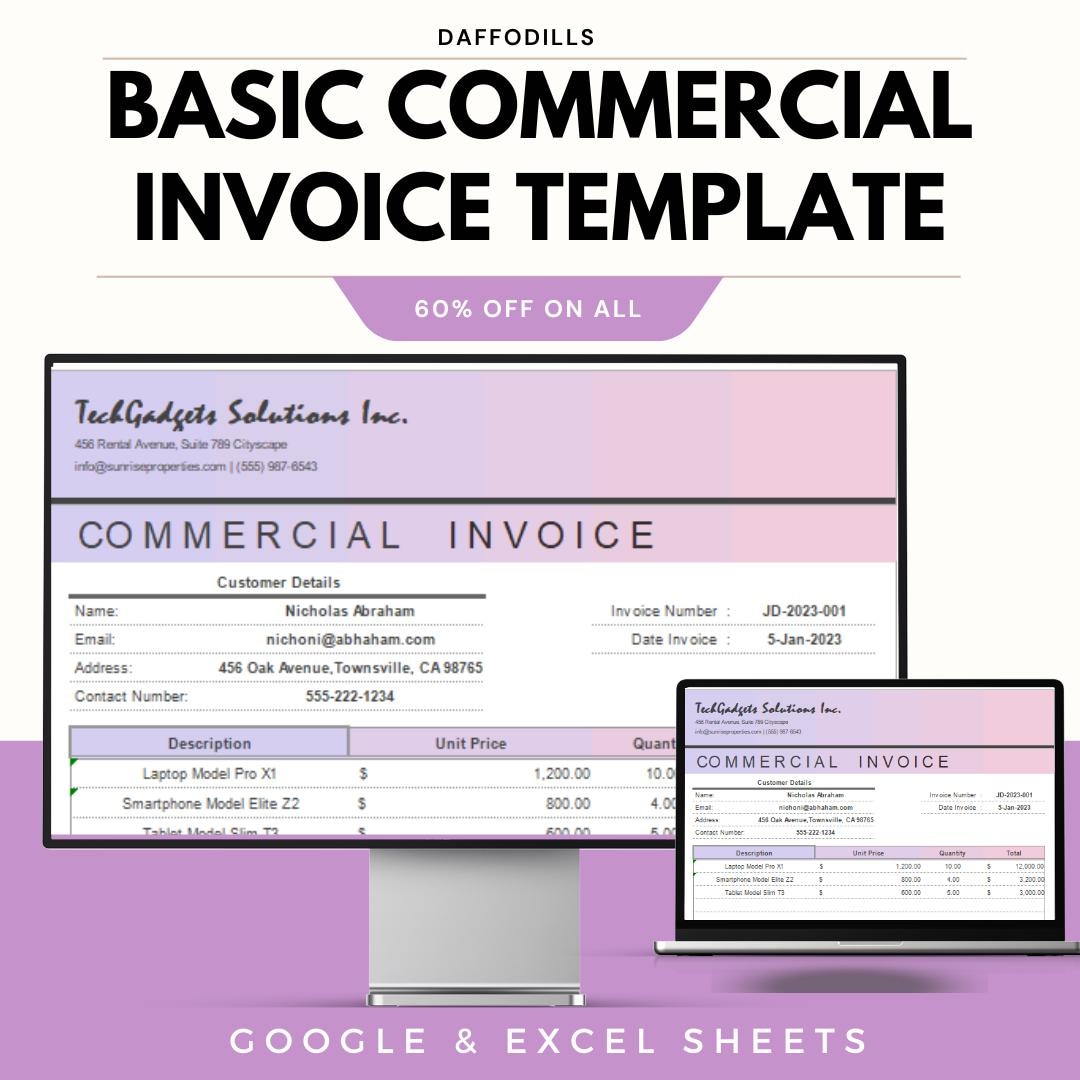Basic Commercial Invoice Template, Business Invoice Excel, Google ...
