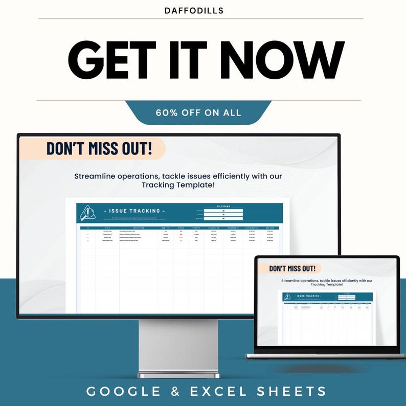 Pode incluir: Imagem promocional da Daffodils com um computador desktop e um laptop exibindo um modelo de rastreamento. O texto "GET IT NOW" e "60% OFF ON ALL" s&atilde;o exibidos de forma proeminente. A imagem tamb&eacute;m inclui o texto "DON'T MISS OUT!" e "GOOGLE & EXCEL SHEETS".
