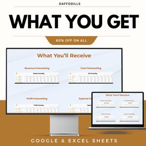Op de afbeelding: Een computermonitor en een laptop tonen een spreadsheet met de tekst "What You'll Receive". De monitor toont "Revenue Forecasting", "Cost Forecasting", "Profit Forecasting" en "Expense Forecasting". De tekst "WHAT YOU GET" en "60% OFF ON ALL" zijn ook zichtbaar.