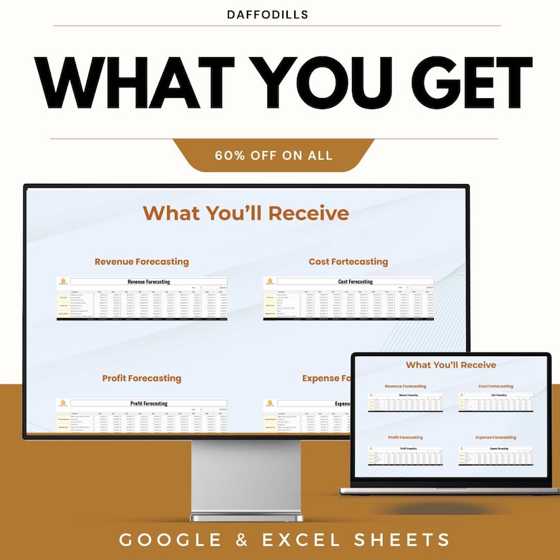 Op de afbeelding: Een computermonitor en een laptop tonen een spreadsheet met de tekst "What You'll Receive". De monitor toont "Revenue Forecasting", "Cost Forecasting", "Profit Forecasting" en "Expense Forecasting". De tekst "WHAT YOU GET" en "60% OFF ON ALL" zijn ook zichtbaar.