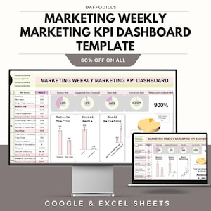 Op de afbeelding: Een digitaal marketing dashboard template weergegeven op een computermonitor en een laptop. De template bevat grafieken voor websiteverkeer, sociale media en e-mailmarketing. Tekst op het scherm luidt "MARKETING WEEKLY MARKETING KPI DASHBOARD TEMPLATE".