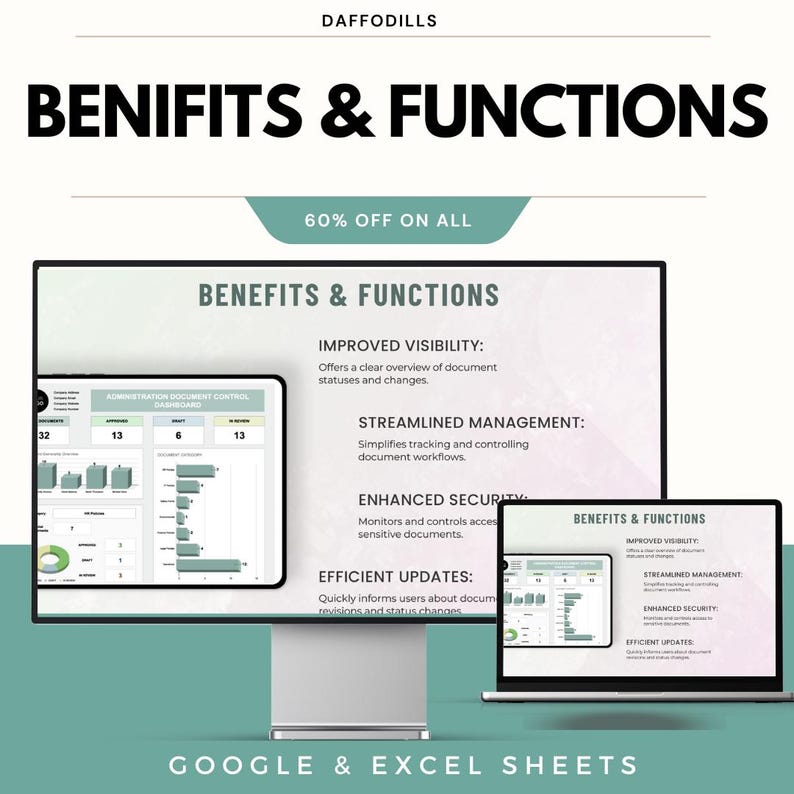 K&ouml;nnte beinhalten: Werbebild f&uuml;r Daffodils, das die Vorteile und Funktionen von Google & Excel Sheets hervorhebt. Das Bild zeigt einen Computermonitor und einen Laptop, die Datenvisualisierungen anzeigen, mit Text, der verbesserte Sichtbarkeit, optimiertes Management, erh&ouml;hte Sicherheit und effiziente Updates hervorhebt. Ein Banner zeigt "60% RABATT AUF ALLES".