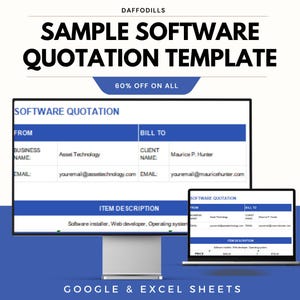 Puede incluir: Un monitor de computadora y una computadora portátil muestran una plantilla de cotización de software. La plantilla incluye campos para información comercial y del cliente, descripciones de artículos y precios. El texto "SAMPLE SOFTWARE QUOTATION TEMPLATE" está en la parte superior.
