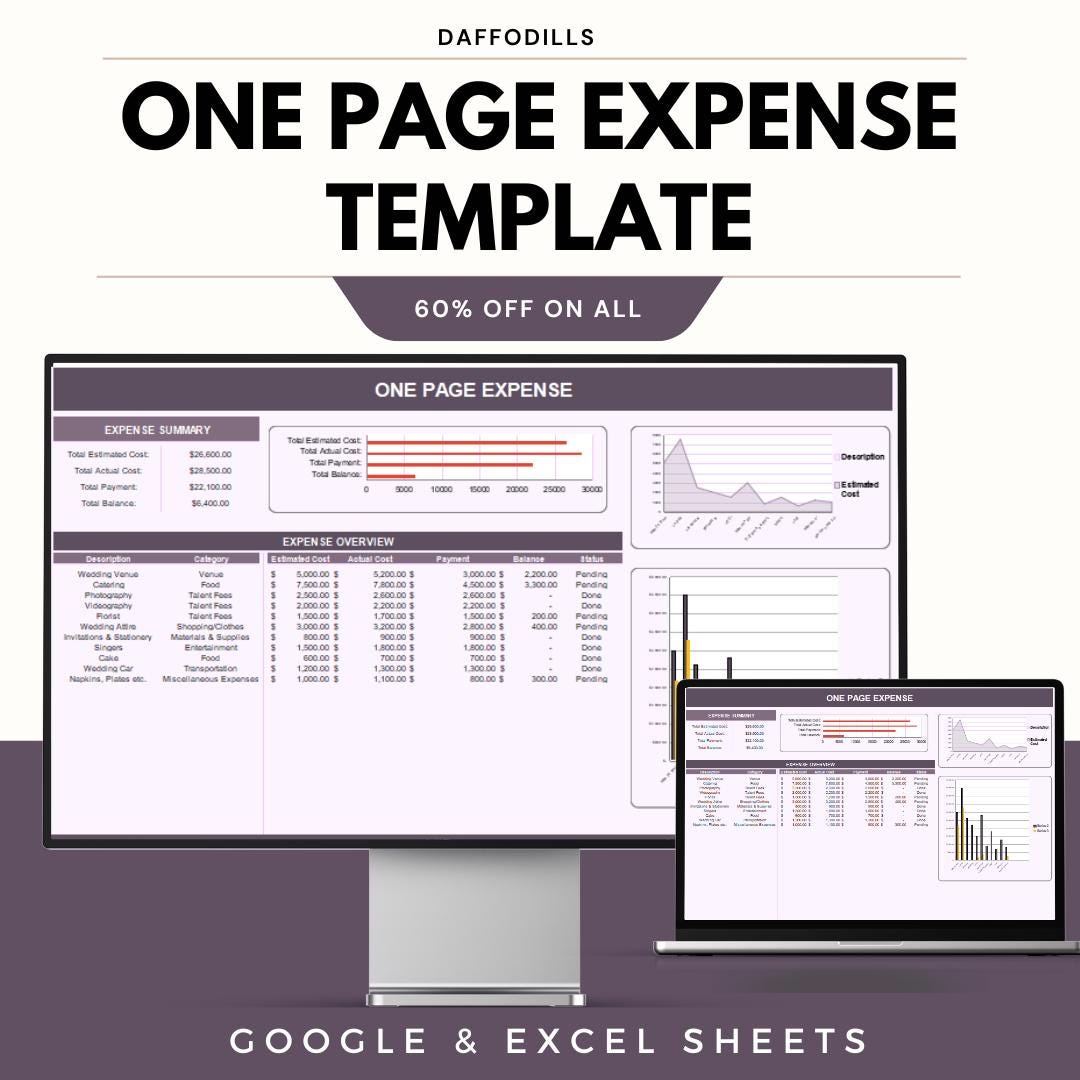 One Page Expense Template | Google Sheets and Excel Budget Planner ...