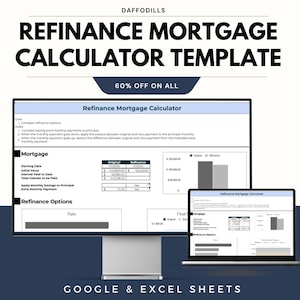 May include: A digital template for a refinance mortgage calculator, displayed on a desktop monitor and a laptop. The template includes sections for comparing refinance options, mortgage details, and refinance options. The image also includes the text "60% OFF ON ALL".