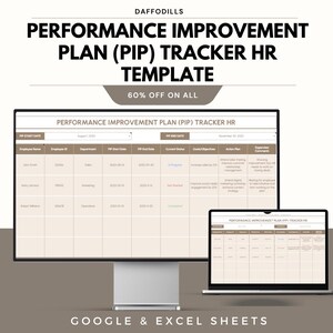 May include: A computer monitor and laptop displaying a Performance Improvement Plan (PIP) Tracker HR template. The template includes fields for employee information, department, and goals. Text on the screen reads "60% OFF ON ALL" and "GOOGLE & EXCEL SHEETS."