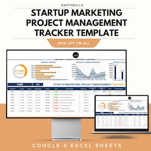 Puede incluir: Una plantilla digital de seguimiento de gestión de proyectos de marketing que se muestra en un monitor de escritorio y un portátil. La plantilla incluye gráficos y tablas para la presupuestación y el seguimiento de gastos del proyecto. El texto en la pantalla dice "Startup Marketing Project Management Tracker Template".