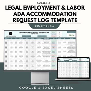 Puede incluir: Un monitor de computadora y una computadora portátil muestran una "Plantilla de registro de solicitud de adaptación ADA de empleo y trabajo legal". La plantilla incluye campos de datos y el texto "60% DE DESCUENTO EN TODO". Disponible para Google & Excel Sheets.