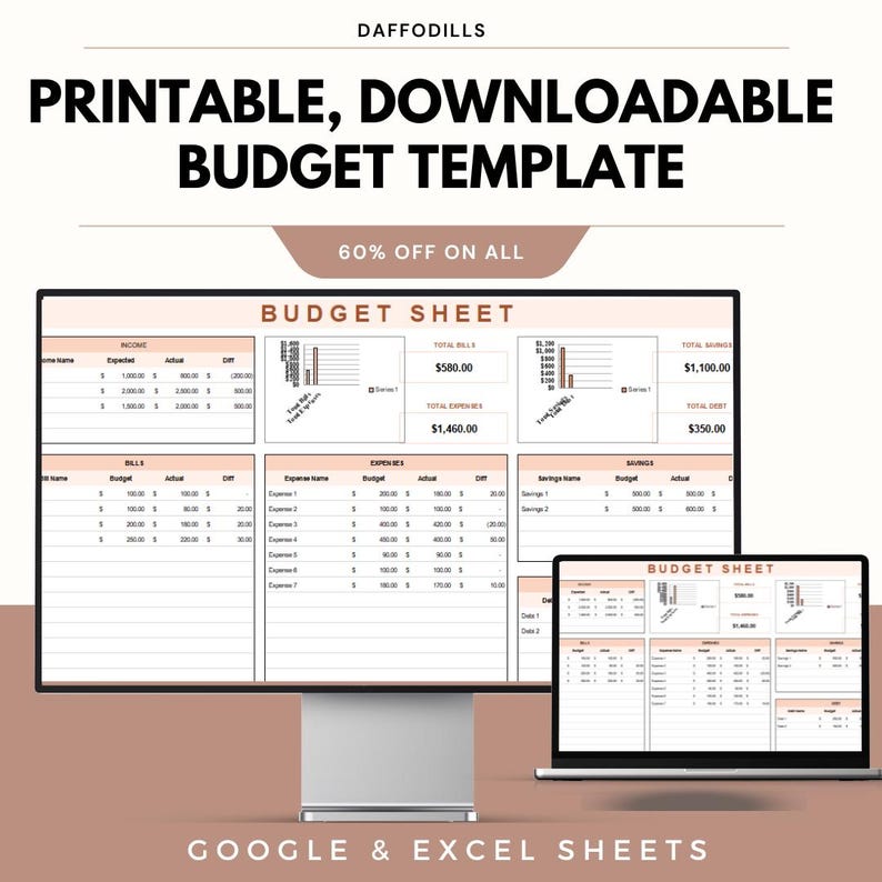 Printable Downloadable Budget Template, Monthly Budget Planner ...