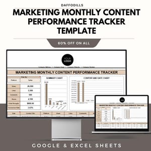 Könnte beinhalten: Eine digitale Marketingvorlage, die auf einem Computermonitor und einem Laptop angezeigt wird. Die Vorlage trägt den Titel "Marketing Monthly Content Performance Tracker" und enthält Diagramme und Datentabellen. Das Bild enthält auch den Text "60% OFF ON ALL" und "GOOGLE & EXCEL SHEETS."