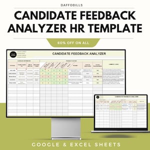 Può includere: Un monitor di computer e un laptop mostrano un "CANDIDATE FEEDBACK ANALYZER HR TEMPLATE". Il modello di foglio di calcolo ha sezioni per le informazioni sui candidati e il feedback. L'immagine include il testo "60% OFF ON ALL" e "GOOGLE & EXCEL SHEETS."