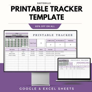 Puede incluir: Una pantalla digital muestra una plantilla de seguimiento imprimible con un diseño púrpura y blanco. El texto dice "Printable Tracker Template" y "60% de descuento en todo". La plantilla es compatible con Google y Excel Sheets.