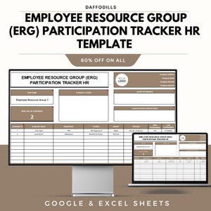 May include: A digital template for tracking employee resource group (ERG) participation, displayed on a computer monitor and laptop. The template includes sections for employee names, department, and participation details. The text includes "Employee Resource Group (ERG) Participation Tracker HR Template".