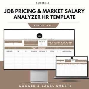 May include: A digital template for job pricing and market salary analysis, displayed on a computer monitor and laptop. The template includes sections for job titles, salary ranges, and market competitiveness. The text "JOB PRICING & MARKET SALARY ANALYZER HR TEMPLATE" is visible.