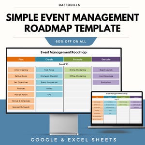 May include: A computer monitor and laptop display an event management roadmap template. The template is divided into sections for planning, creating, promoting, and executing an event. Text includes "Event Management Roadmap" and "60% OFF ON ALL".