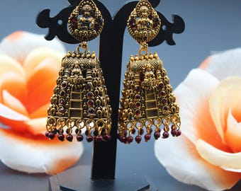 Temple Lakshmi Jhumka Earrings for Women | Antique Gold Tone Traditional Jhumki | Pearl Drop & Stone Studded Ethnic Earrings for Women |