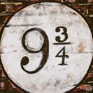 May include: A circular sign with the numbers "9 3/4" in black against a white background, set against a brick wall. The sign has a distressed, painted look, and the brickwork is in shades of red and brown.