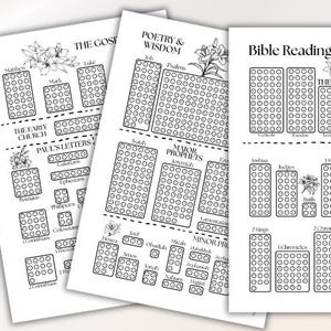 Op de afbeelding: Drie zwart-wit Bijbellees-tracker printables. De bovenkant van de afbeelding luidt "BIBLE READING TRACKER". De printables zijn gelabeld met de namen van bijbelboeken en hebben vakjes om af te vinken terwijl je leest. De onderkant van de afbeelding luidt "PDF/DIGITAL TRACKER" en "INSTANT DOWNLOAD".