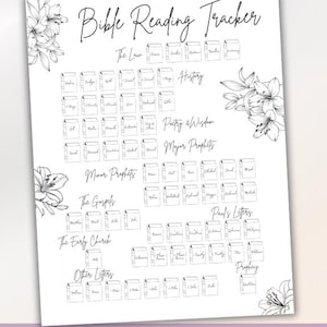 Può includere: Un tracker di lettura della Bibbia bianco con illustrazioni floreali e il testo "Bible Reading Tracker". Il tracker è diviso in sezioni come "The Law", "History" e "Major Prophets". Il banner inferiore recita "PDF/DIGITAL TRACKER" e "INSTANT DOWNLOAD".