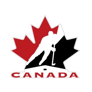 Peut inclure: Logo avec une silhouette blanche d'un joueur de hockey sur fond de feuille d'érable rouge et noire. Le mot "CANADA" est écrit en rouge en dessous.