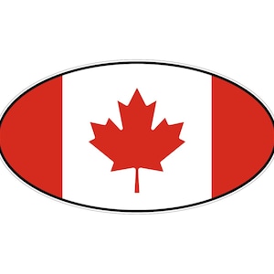 May include: An oval-shaped sticker featuring the national flag of Canada. The design consists of a white central square flanked by two red vertical bands, with a red eleven-pointed maple leaf centred within the white section and a thin black border.