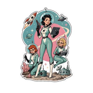 May include: A die-cut sticker featuring three space explorers in light blue and white uniforms with glass helmets. The central figure holds a ray gun and tablet, while others examine crystals and equipment on a rocky surface with a rocket and UFO.