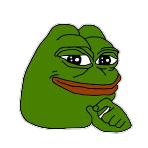 May include: A green cartoon frog with a thoughtful expression. The frog features large eyes, a brown mouth, and a hand touching its chin. The image has a white border, resembling a sticker.