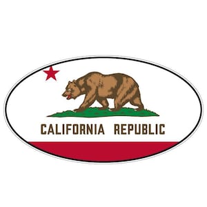 May include: An oval sticker featuring the California state flag design. It displays a brown grizzly bear walking on a green patch of grass, a red star in the upper left corner, and the text CALIFORNIA REPUBLIC in brown capital letters.