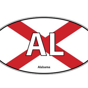 May include: An oval sticker featuring the Alabama state flag design with a white background and a red saltire cross. The letters AL are printed in large white font with a black outline in the centre, and the word Alabama is printed below in black.
