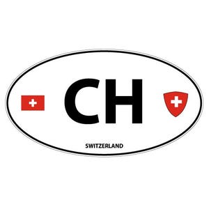 May include: An oval-shaped white sticker featuring the black letters CH in the centre. To the left is a small red rectangular Swiss flag, and to the right is a red shield with a white cross. The word SWITZERLAND is printed in black at the bottom.