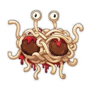 May include: A cartoon illustration of the Flying Spaghetti Monster, a parody deity. The image shows a mass of beige spaghetti with two meatballs and two eyes on stalks. Red sauce drips from the meatballs and spaghetti.