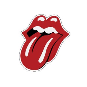 Könnte beinhalten: Eine rot-weiße Grafik eines Mundes mit herausgestreckter Zunge. Die Lippen sind rot mit weißem Umriss und weißen Zähnen. Die Zunge ist rot mit weißem Glanz und schwarzem Schatten. Das Bild ist ein Logo.