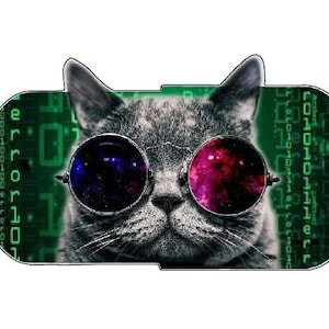 May include: A digital art image of a gray cat wearing round glasses with a galaxy design. The cat is set against a green background with binary code. The image is in a rounded rectangle shape.