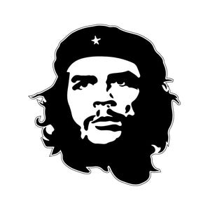 Könnte beinhalten: Schwarz-weiße grafische Illustration eines Männergesichts. Der Mann hat lange Haare, einen Schnurrbart und einen Bart. Er trägt eine Baskenmütze mit einem Stern. Das Bild ist ein Porträt.