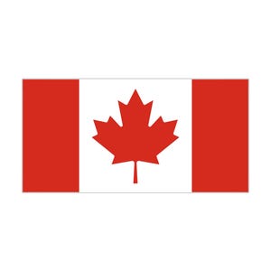 May include: The flag of Canada, a rectangular design with a white center panel and red vertical side panels. A red maple leaf is centered on the white panel, a symbol of Canada.