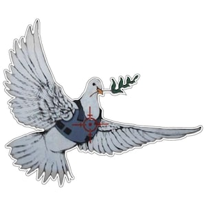 May include: A white dove in flight, wearing a blue vest with a red target on its chest. The dove holds an olive branch in its beak, symbolizing peace. The image has a hand-drawn style with a white outline.