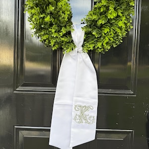 Monogram Wreath Sash, Embroidered Initial, White Satin Door Decor