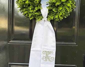 Monogram Wreath Sash, Embroidered Initial, White Satin Door Decor