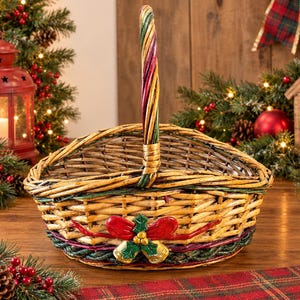 May include: A woven wicker basket featuring a tall, arched handle with green and red accents. The front of the basket is decorated with a red bow, green holly leaves, and two small gold bells, with a dark green braided trim along the base.
