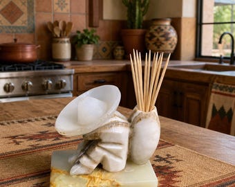 Vintage Hand-Carved Mexican Onyx Siesta Man Toothpick Holder — Mid-Century White Marble Sombrero Figurine