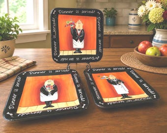 Tracy Flickinger Dinner is Served Salad Plates, Certified International Set of 3 Square 8.5"
