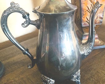 Vintage Ornate Patinaed Silverplated Footed Teapot, Victorian Style Coffee Pot, Etched Floral Design