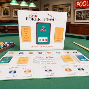 May include: A board game called Poker-Pool is displayed on a green pool table. The game includes a game board, cards, and a box with the game's name. A rack of pool balls and a cue stick are also visible.