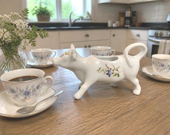 Vintage BIA Cordon Bleu Cow Creamer, White Porcelain Floral Pitcher, French Country Kitchen Decor