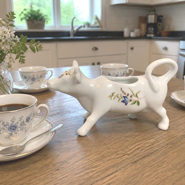 Vintage BIA Cordon Bleu Cow Creamer, White Porcelain Floral Pitcher, French Country Kitchen Decor