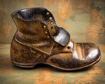 Vintage 1940-1960s Cast Iron Boot Paperweight – Mid Century Industrial Desk Decor, Match Holder