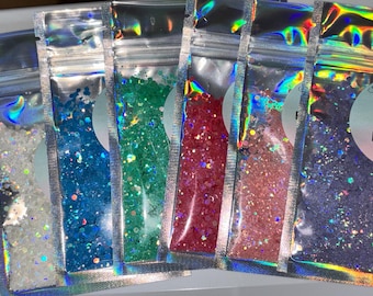 Zestaw holograficznych, grubych brokatów, 6 kolorów, torebki półoz, odporne na rozpuszczalniki, do zdobienia paznokci żywicą i rękodzieła