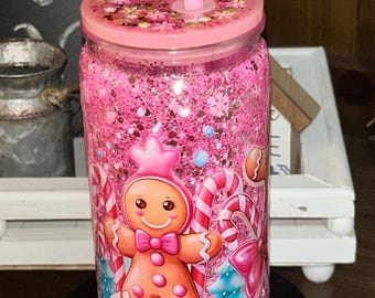 Premade 16 oz Suspended glitter cup Pink Christmas Gingerbread Snowglobe Tumbler