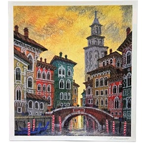 May include: A textured art print depicting a canal scene with colorful multi-story buildings in shades of red, green, and yellow. A stone bridge arches over the water, flanked by red and white striped mooring poles. A tall tower rises in the background.
